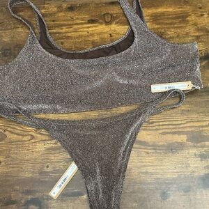 NWT! Skims Glitter Swim String Thong (2x) with Scoop Neck Swim Top (4x)—Cocoa